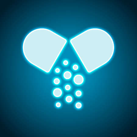 Open pill icon. Neon style. Light decoration icon. Bright electric symbolのイラスト素材