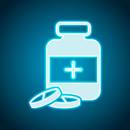 Pills and medicine bottle. Neon style. Light decoration icon. Bright electric symbolのイラスト素材