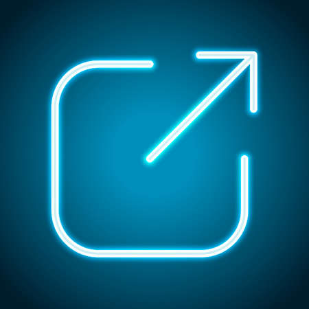 Share, logout or upload. Diagonal arrow out square. Neon style. Light decoration icon. Bright electric symbolのイラスト素材