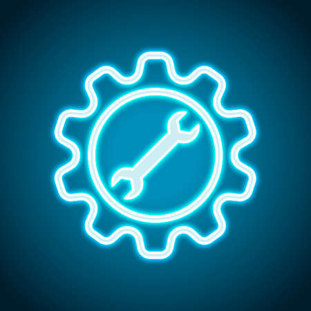 wrench in gear. Neon style. Light decoration icon. Bright electric symbolのイラスト素材