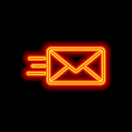 send mail icon. sms line. Orange neon style on black background. Light iconのイラスト素材