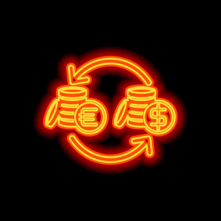 change money icon. Orange neon style on black background. Light iconのイラスト素材