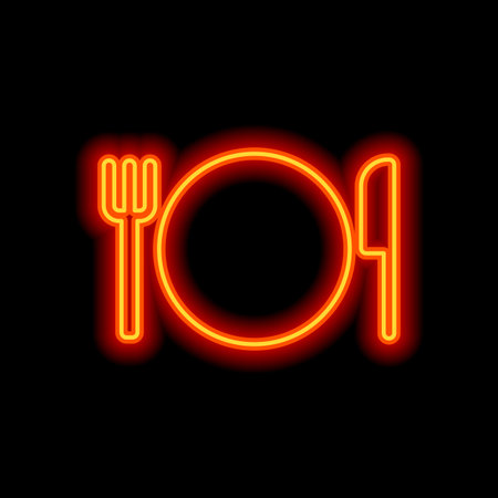 cutlery. plate fork and knife icon. Orange neon style on black background. Light iconのイラスト素材