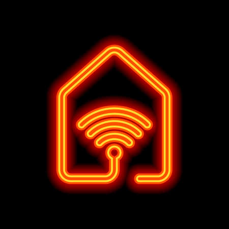 house with wifi icon. line style. Orange neon style on black background. Light iconのイラスト素材