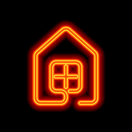 house with window icon. line style. Orange neon style on black background. Light iconのイラスト素材