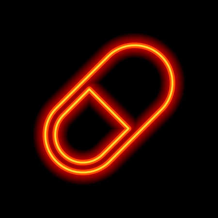 simple symbol of pill or vitamin. Orange neon style on black background. Light iconのイラスト素材