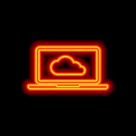 Cloud technology, software. Laptop and cloud. Orange neon style on black background. Light iconのイラスト素材