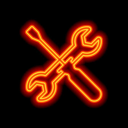 Repair service, wrench and screwdriver, tools. Orange neon style on black background. Light iconのイラスト素材