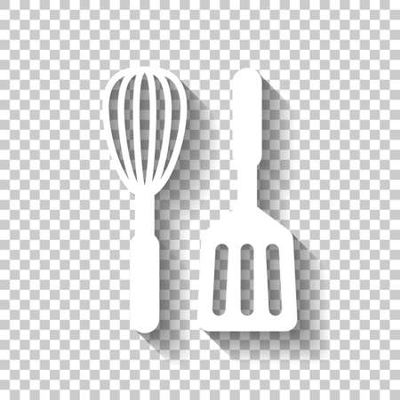 Kitchen tool icon. Whisk and spatula. White icon with shadow on transparent backgroundのイラスト素材