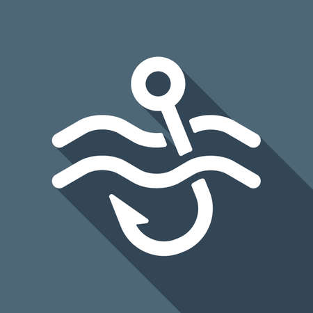 Fishing hook and water. Simple icon. White flat icon with long shadow on backgroundのイラスト素材