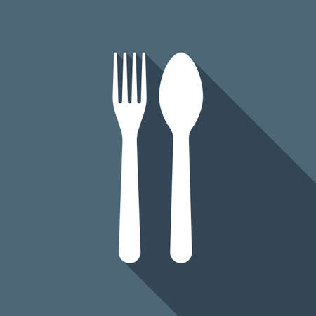 Fork and spoon, icon. Kitchen tools. White flat icon with long shadow on backgroundのイラスト素材