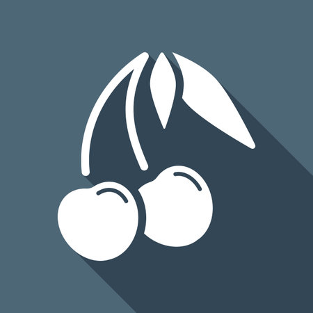 Silhouette of cherry with leaves, nature icon. White flat icon with long shadow on background