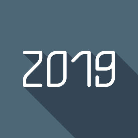 2019 number icon. Happy New Year. White flat icon with long shadow on backgroundのイラスト素材