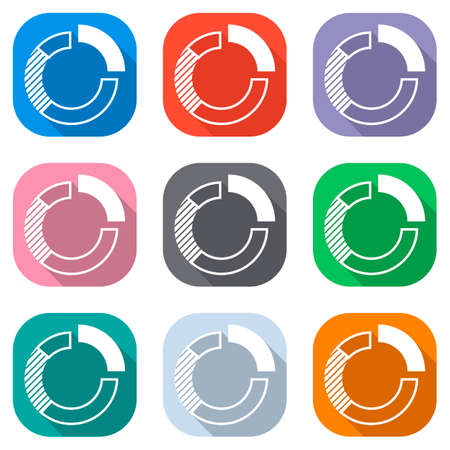 Business pie chart icon. Set of white icons on colored squares for applications. Seamless and pattern for posterのイラスト素材