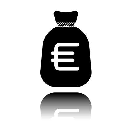 Money bag with euro. Full moneybag icon. Black icon with mirror reflection on white backgroundのイラスト素材