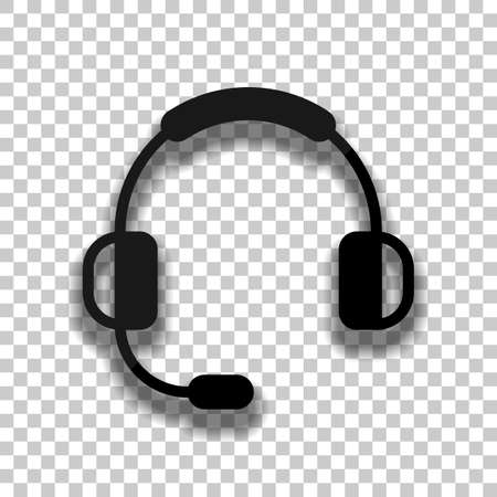 Headphones with microphone. Support service. Simple icon. Black glass icon with soft shadow on transparent backgroundのイラスト素材