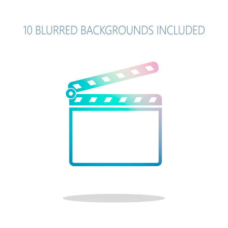 Film clap board cinema open icon. Colorful logo concept with simple shadow on white. 10 different blurred backgrounds includedのイラスト素材