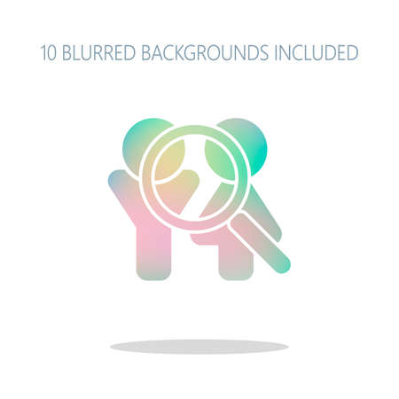 Human resources. Search teamgroup. Man, woman and magnifying symbols. Colorful logo concept with simple shadow on white. 10 different blurred backgrounds includedのイラスト素材