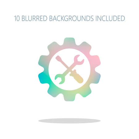 Wrench and screwdriver in gear. Colorful logo concept with simple shadow on white. 10 different blurred backgrounds includedのイラスト素材