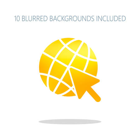 Globe and arrow icon. Colorful logo concept with simple shadow on white. 10 different blurred backgrounds includedのイラスト素材