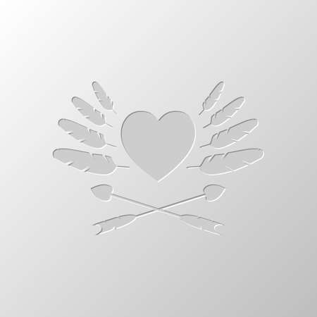 Uncolored icon of valentines day with heart, feathers and arrows. Paper design. Cutted symbol. Pitted styleのイラスト素材