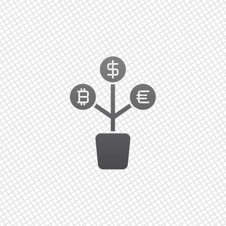 money tree. dollar, euro and bitcoin. simple silhouette. On grid backgroundのイラスト素材