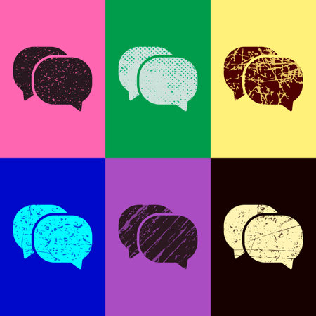 chat icon. Pop art style. Scratched icons on 6 colour backgrounds. Seamless pattern