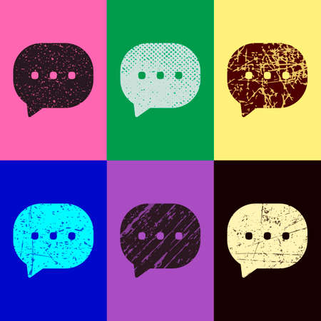chat icon. Pop art style. Scratched icons on 6 colour backgrounds. Seamless patternのイラスト素材