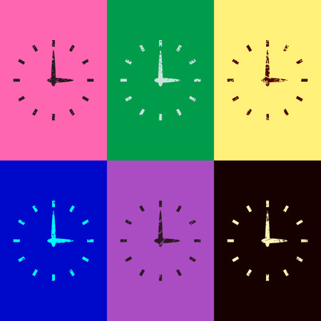 Simple icon of clock. Pop art style. Scratched icons on 6 colour backgrounds. Seamless patternのイラスト素材