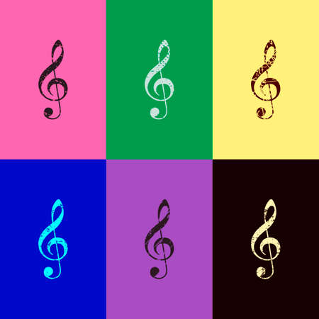 Simple icon of treble key. Pop art style. Scratched icons on 6 colour backgrounds. Seamless patternのイラスト素材