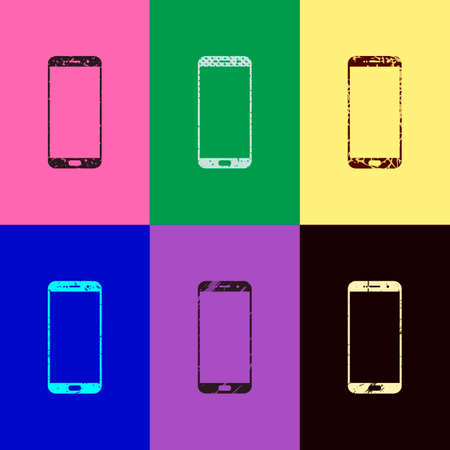 Sellphone icon. Pop art style. Scratched icons on 6 colour backgrounds. Seamless patternのイラスト素材