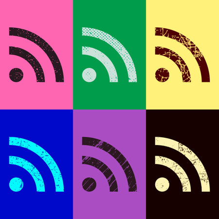 RSS icon. Pop art style. Scratched icons on 6 colour backgrounds. Seamless patternのイラスト素材