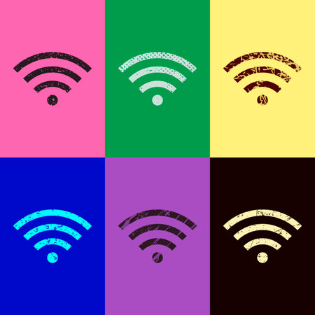 wi-fi icon. Pop art style. Scratched icons on 6 colour backgrounds. Seamless patternのイラスト素材