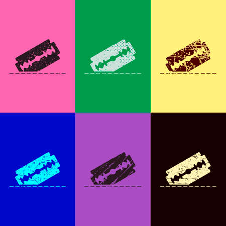 razor blade and cutting line. simple single icon. Pop art style. Scratched icons on 6 colour backgrounds. Seamless patternのイラスト素材