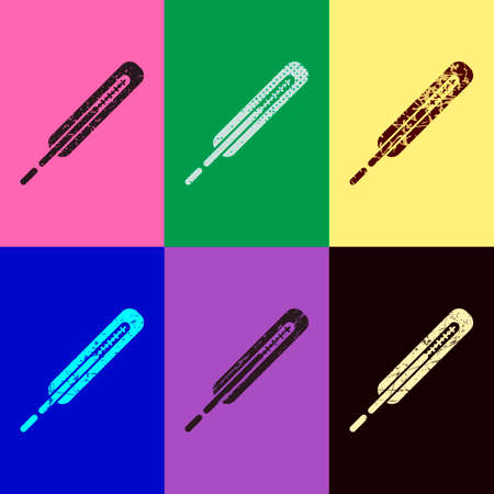 Medical thermometer for body. Pop art style. Scratched icons on 6 colour backgrounds. Seamless patternのイラスト素材