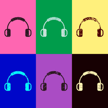 Headphones and music. Mute volume. Simple icon. Pop art style. Scratched icons on 6 colour backgrounds. Seamless patternのイラスト素材
