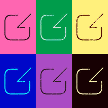 Share, login or download. Diagonal arrow into square. Pop art style. Scratched icons on 6 colour backgrounds. Seamless patternのイラスト素材