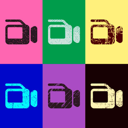 Video camera with screen. Pop art style. Scratched icons on 6 colour backgrounds. Seamless patternのイラスト素材