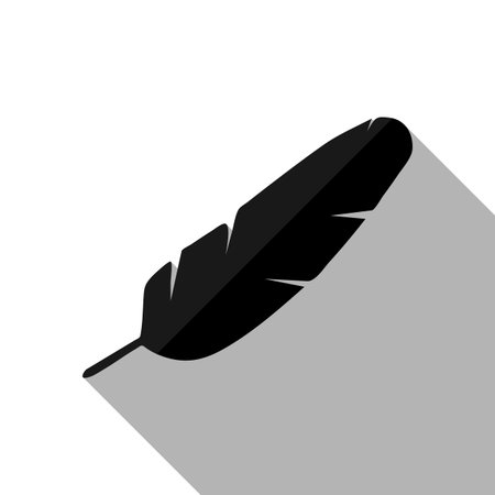 Simple icon of feather. Black object with long shadow on white backgroundのイラスト素材