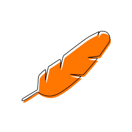 Simple icon of feather. Isolated icon consisting of black thin contour and orange moved filling on different layers. White backgroundのイラスト素材