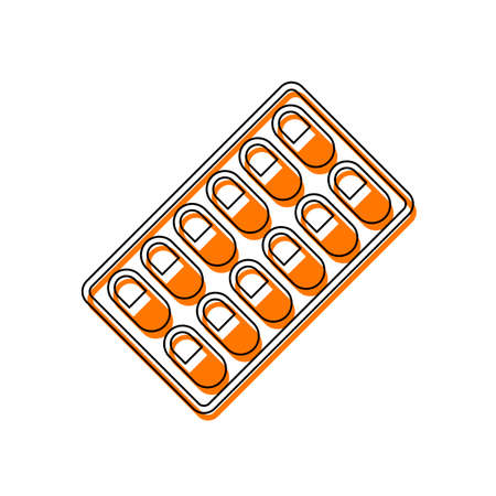 Pack Pills Icon. Isolated icon consisting of black thin contour and orange moved filling on different layers. White backgroundのイラスト素材