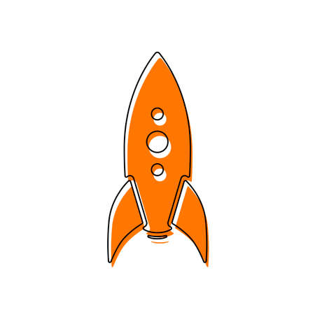 rocket launch icon. Isolated icon consisting of black thin contour and orange moved filling on different layers. White backgroundのイラスト素材