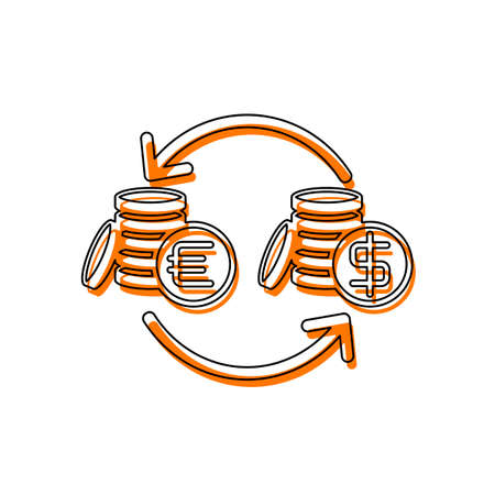 change money icon. Isolated icon consisting of black thin contour and orange moved filling on different layers. White backgroundのイラスト素材