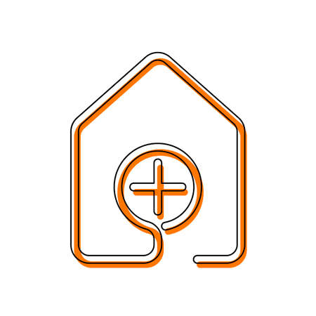 house with medical cross icon. line style. Isolated icon consisting of black thin contour and orange moved filling on different layers. White backgroundのイラスト素材