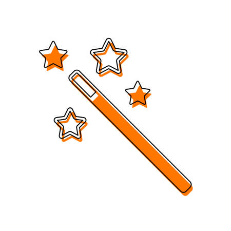 magic wand with stars. simple silhouette. Isolated icon consisting of black thin contour and orange moved filling on different layers. White backgroundのイラスト素材
