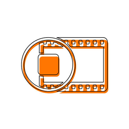 movie strip with stop symbol in circle. simple silhouette. Isolated icon consisting of black thin contour and orange moved filling on different layers. White backgroundのイラスト素材