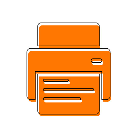 printer and paper. Isolated icon consisting of black thin contour and orange moved filling on different layers. White backgroundのイラスト素材