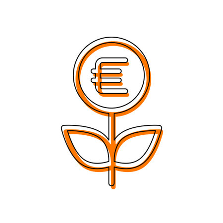 Money flower with dollar. Money tree. Linear icon with thin outline. Isolated icon consisting of black thin contour and orange moved filling on different layers. White backgroundのイラスト素材
