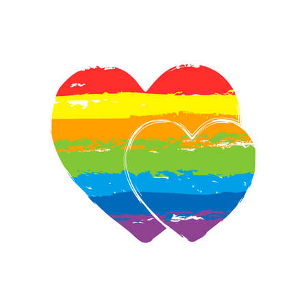 2 hearts. Simple icon. Drawing sign with LGBT style, seven colors of rainbow red, orange, yellow, green, blue, indigo, violetのイラスト素材