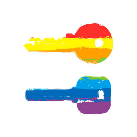 keys icons set. Drawing sign with LGBT style, seven colors of rainbow red, orange, yellow, green, blue, indigo, violetのイラスト素材